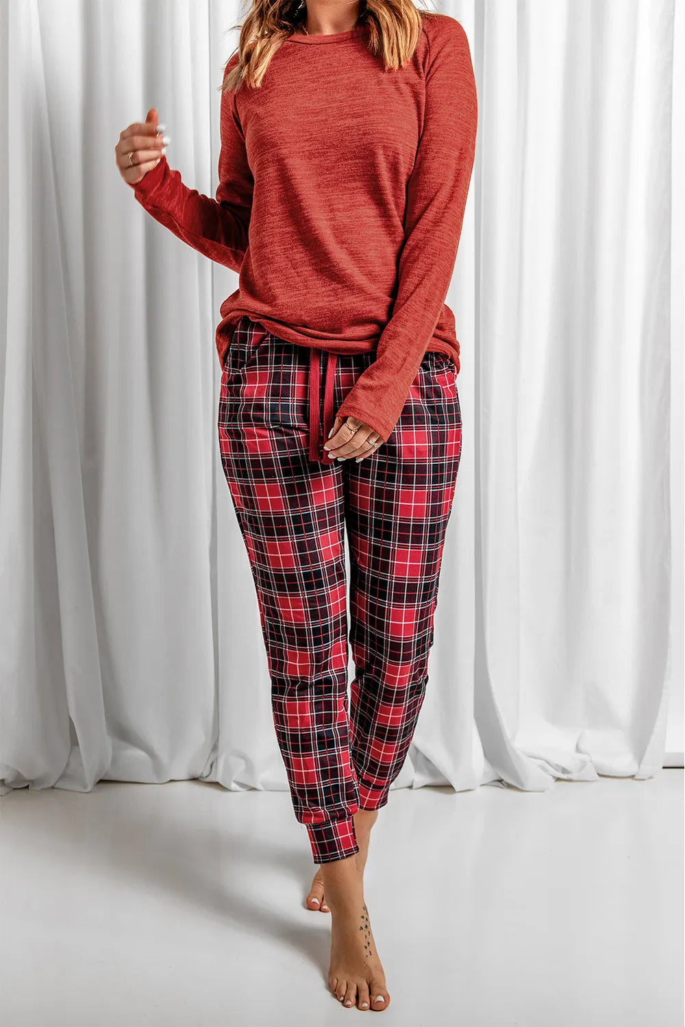 Round Neck Top and Drawstring Plaid Pants Lounge Set Lingerie & Nightwear