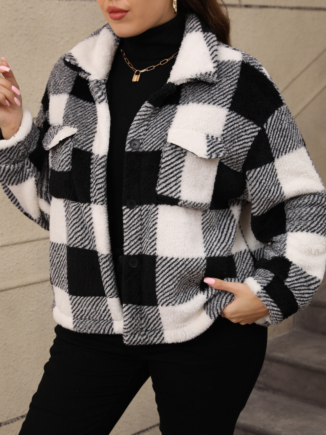 Plus Size Pocketed Plaid Collared Neck Jacket 