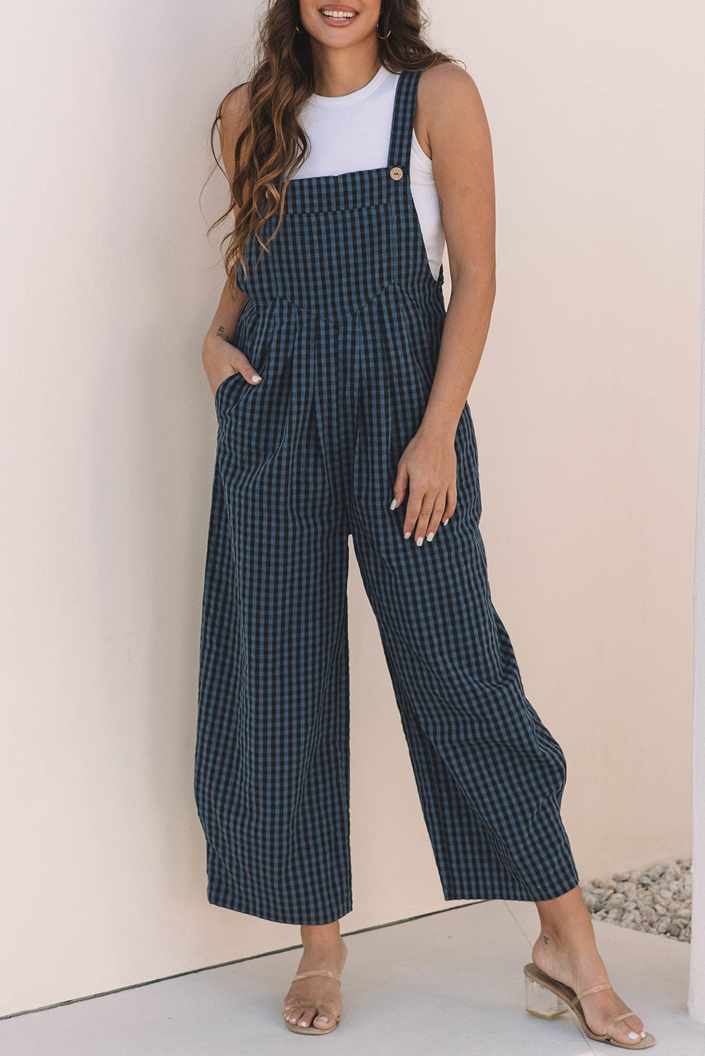 Sail Blue Plaid Print Buttoned Pocketed High Waist Overall Bottoms/Jumpsuits & Rompers