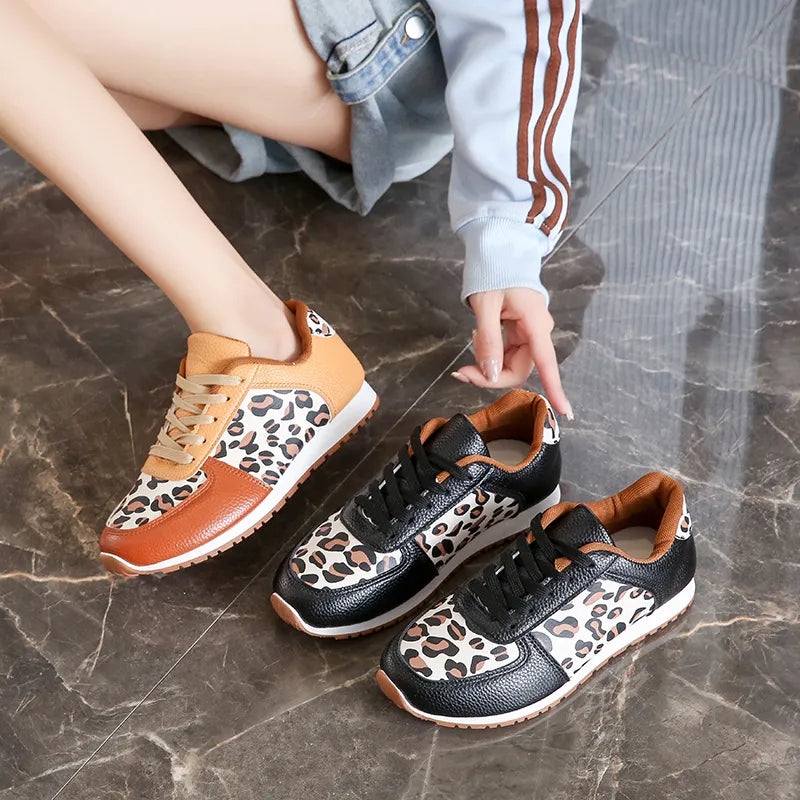 Leopard Round Toe Lace Up Sneakers 