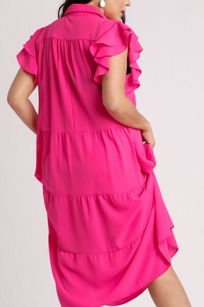 Umgee Full Size Johnny Collar Ruffle Cap Sleeve Tiered Dress Plus Size Dresses