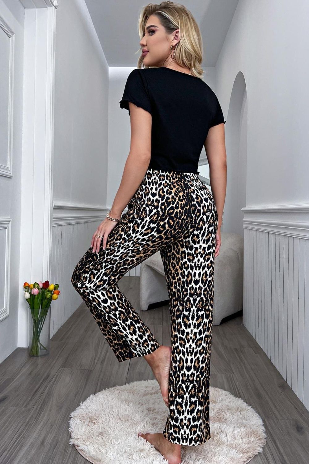 Lettuce Trim Cropped T-Shirt and Leopard Pants Lounge Set Lingerie & Nightwear