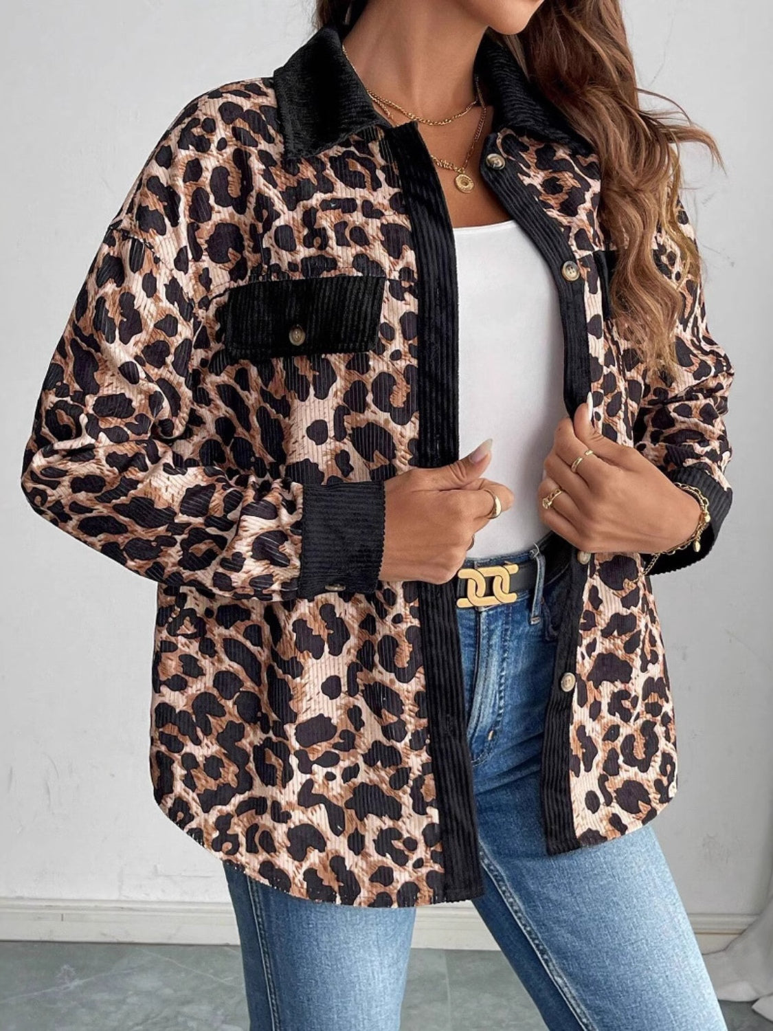 Leopard Collared Neck Button Up Shacket 