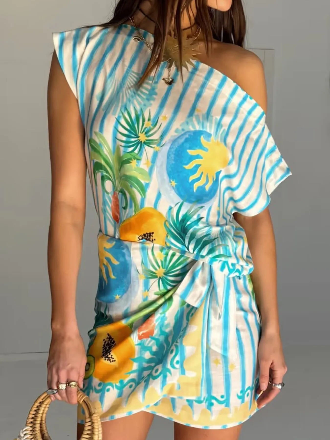 Printed Striped Single Shoulder Top and Skirt Set Two Piece Dresses