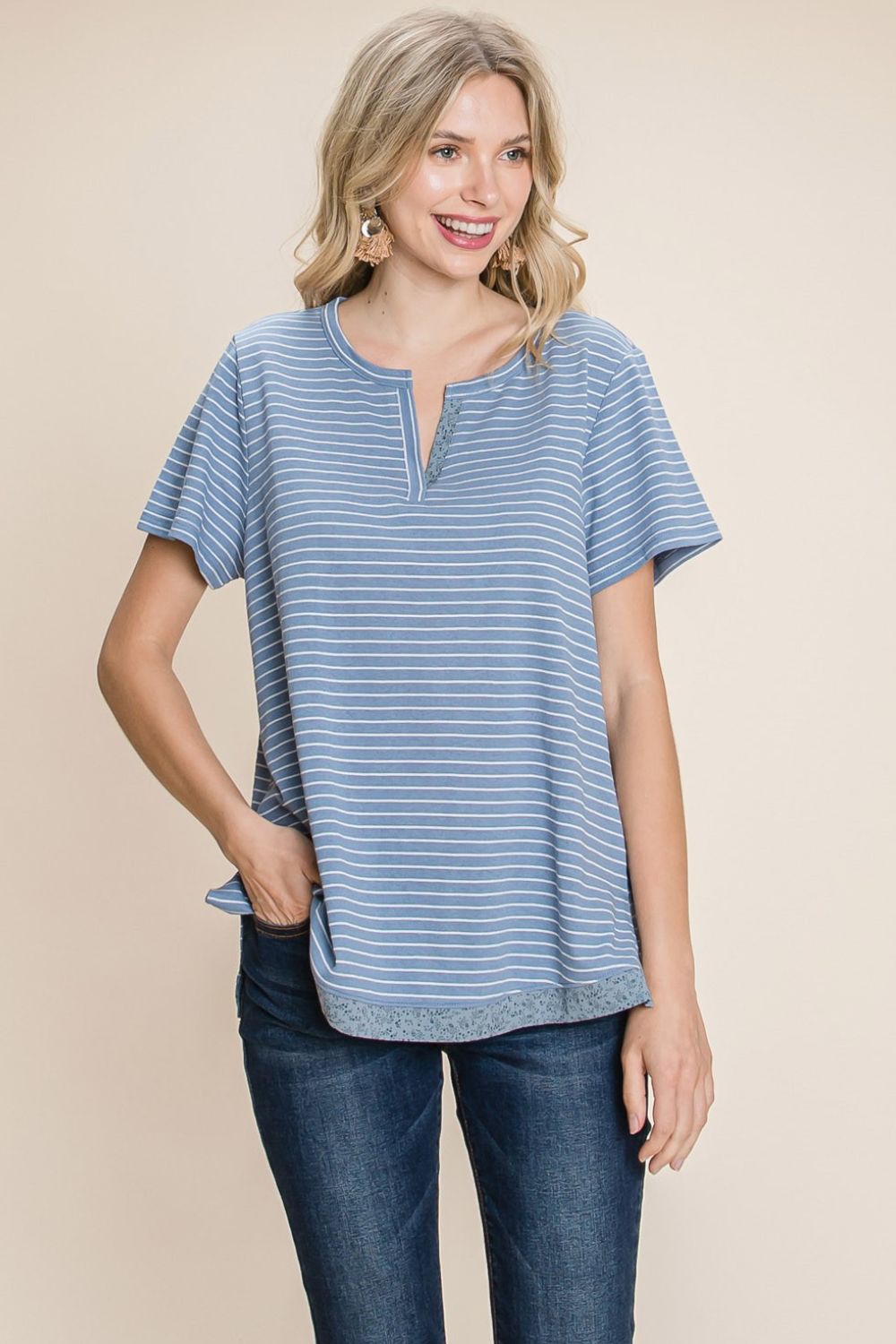 Cotton Bleu by Nu Lab Slit Striped Notched Short Sleeve T-Shirt 