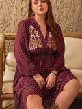 Plus Size Embroidered Polka Dot Tie Neck Long Sleeve Midi Dress 