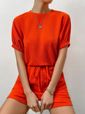 Waffle-Knit Round Neck T-Shirt and Pocketed Shorts Lounge Set Lingerie & Nightwear