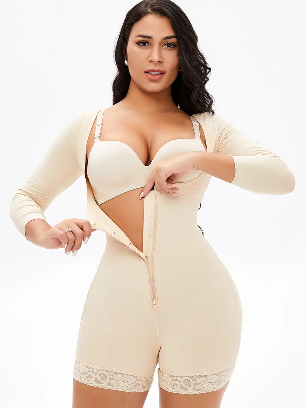 Full Size Zip Up Lace Detail Long Sleeve Shapewear Lingerie & Nightwear
