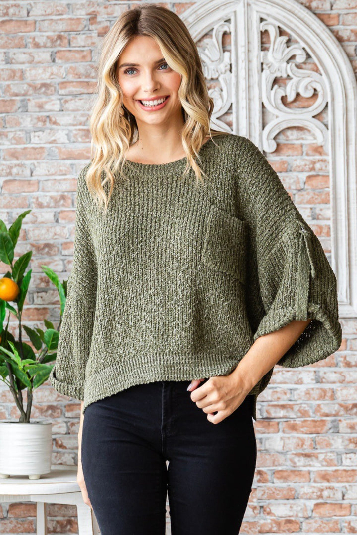 Veveret Round Neck Roll-Up Sweater 