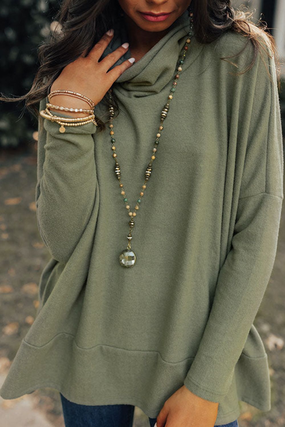 Side Slit High-Low Cowl Neck Long Sleeve Blouse 
