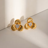 Stainless Steel Zircon Flower Shape Earrings 