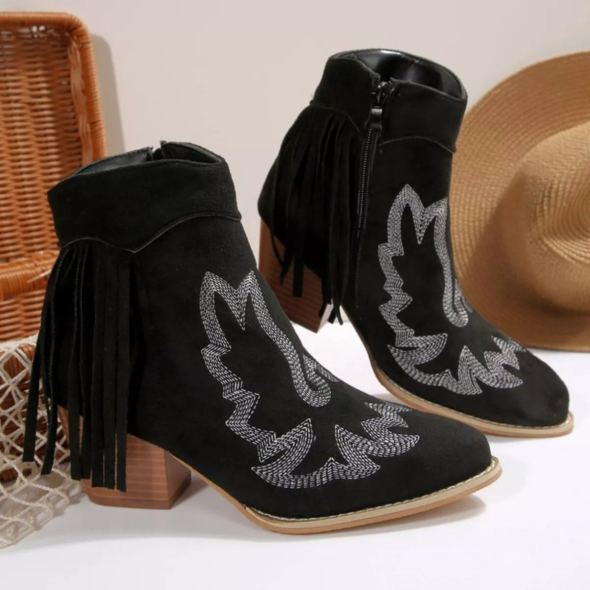 Fringe Point Toe Block Heels Boots 