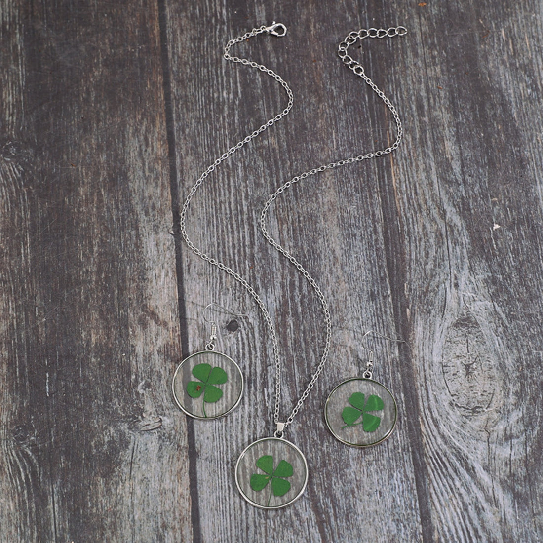 Lucky Clover Alloy Acrylic Earrings and Necklace Jewelry Set 