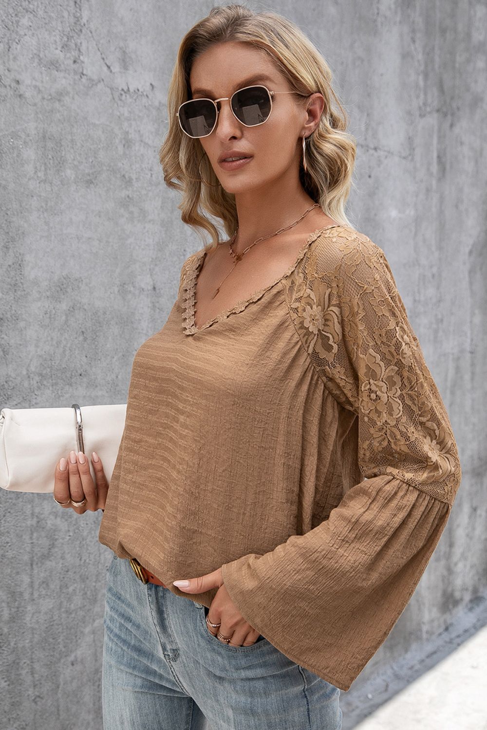 Ivy Lane V-Neck Spliced Lace Flare Sleeve Top 
