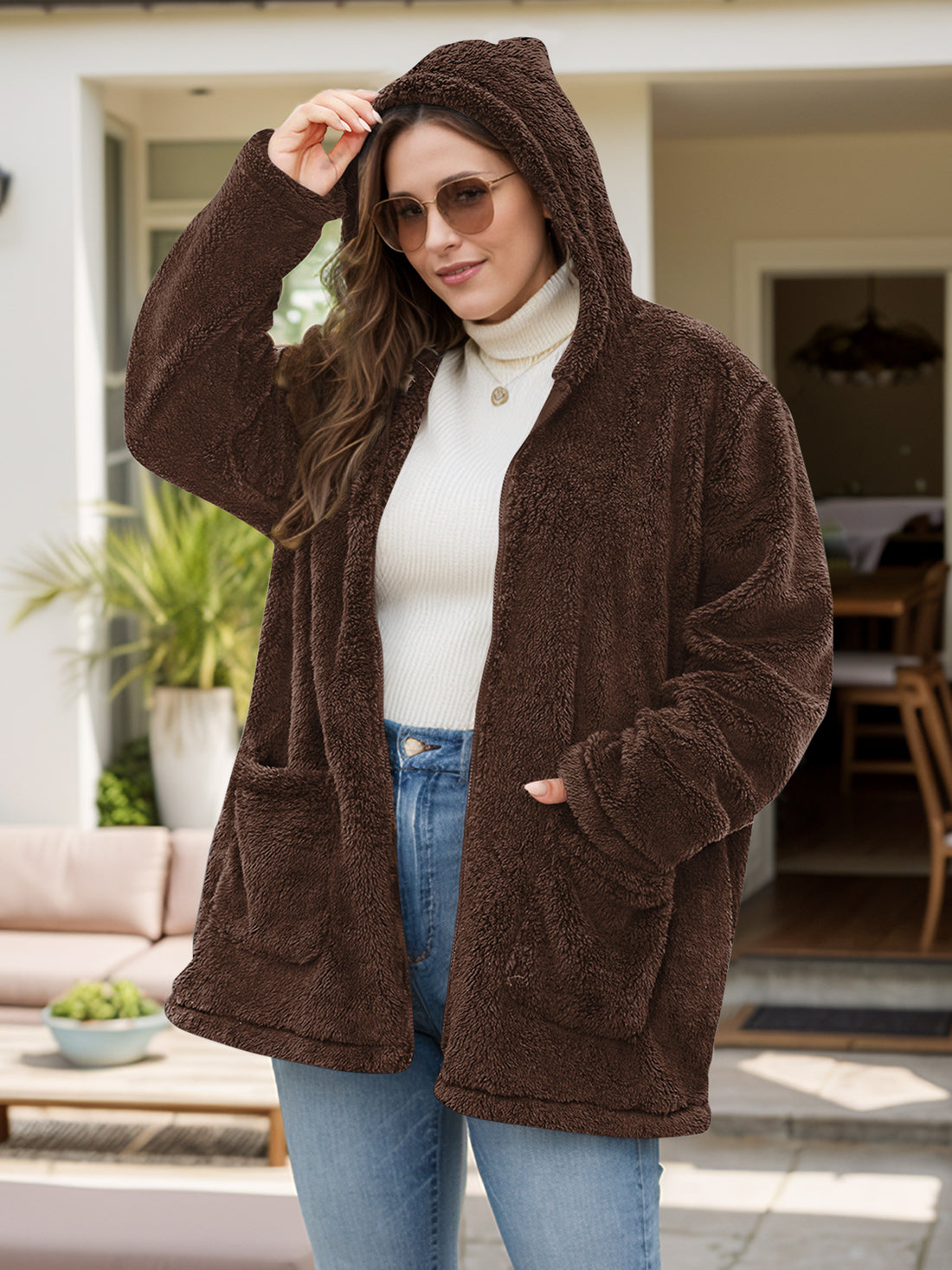 Plus Size Zip Up Long Sleeve Hooded Outerwear 