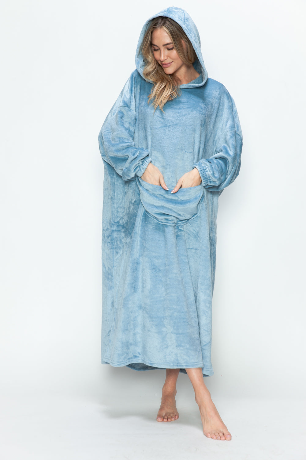 Double Take Full Size Pocketed Hooded Midi Lounge Dress 