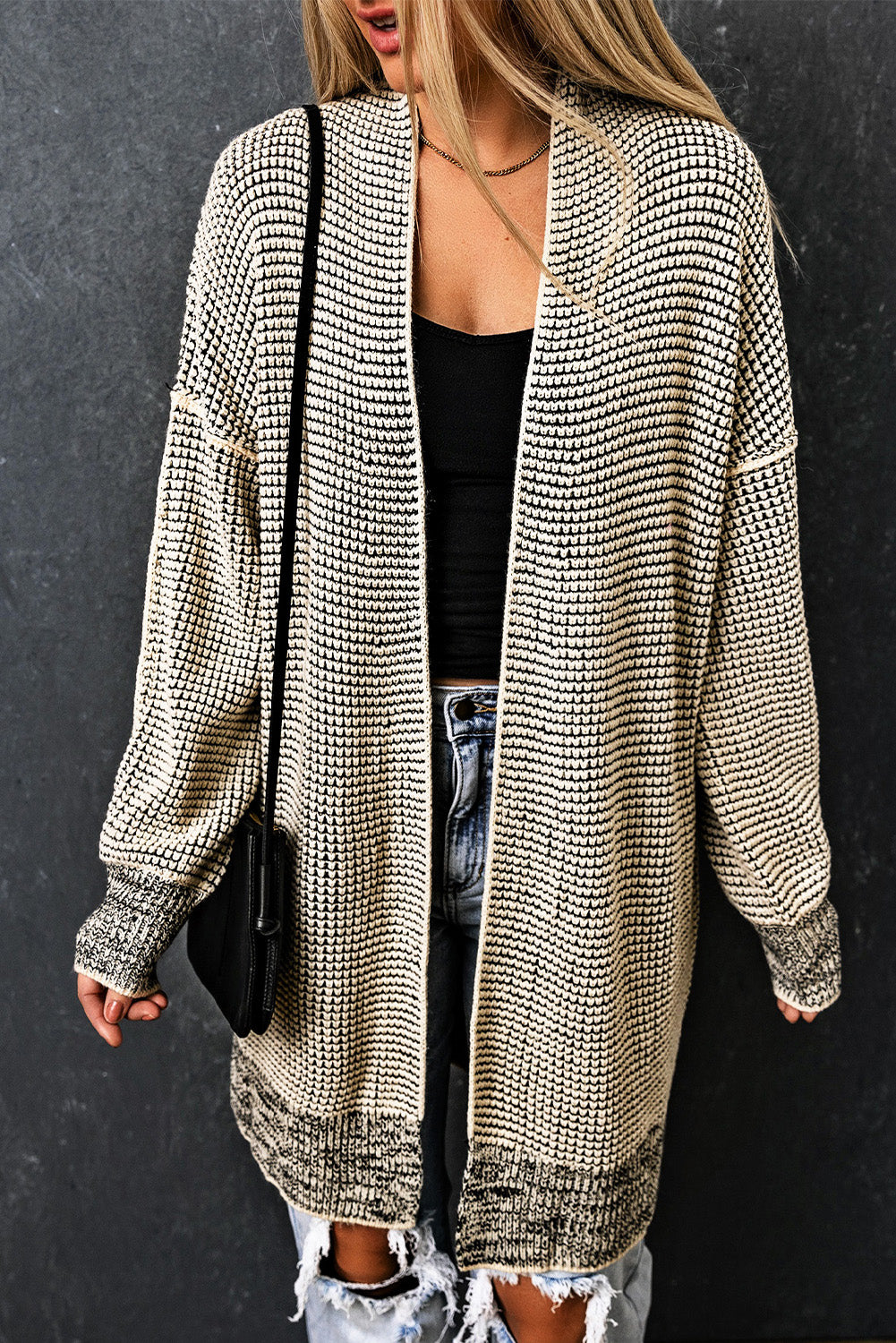 Gray Plaid Knitted Long Open Front Cardigan Sweaters & Cardigans/Cardigans