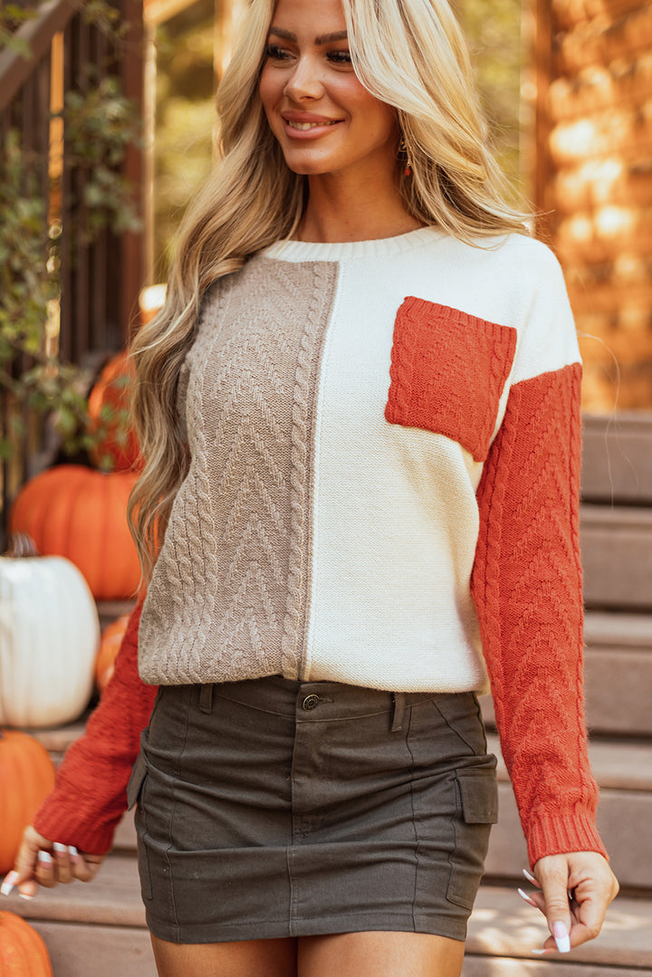 Gold Flame Colorblock Patched Pocket Drop Shoulder Sweater Sweaters & Cardigans/Sweaters