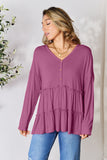 Double Take Half Button Long Sleeve Ruffle Hem Blouse 