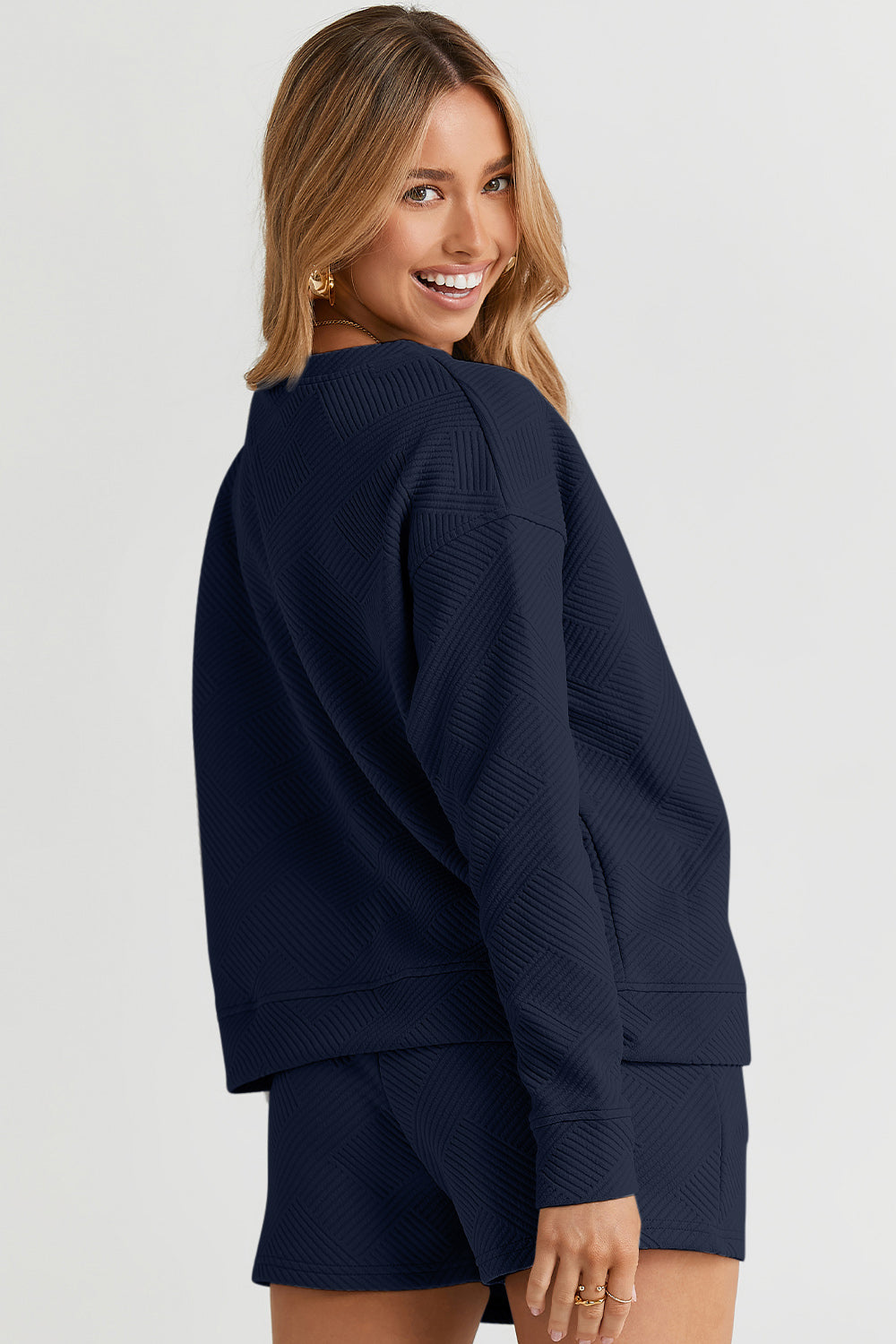 Double Take Full Size Texture Long Sleeve Top and Drawstring Shorts Set 