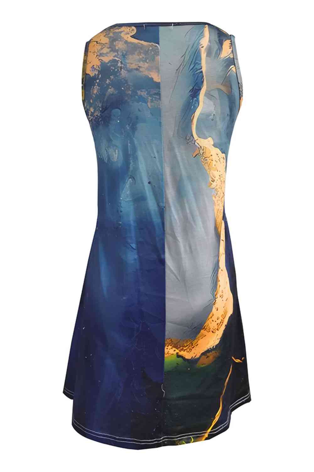Shiny Abstract Print Round Neck Sleeveless Dress with Pockets Dresses