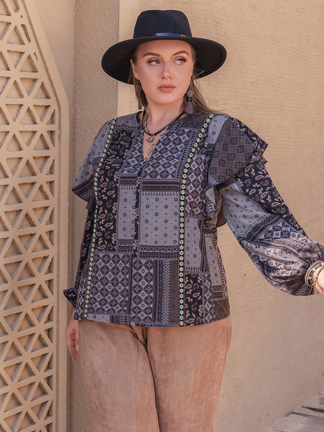 Plus Size Ruffled Printed Notched Long Sleeve Blouse 