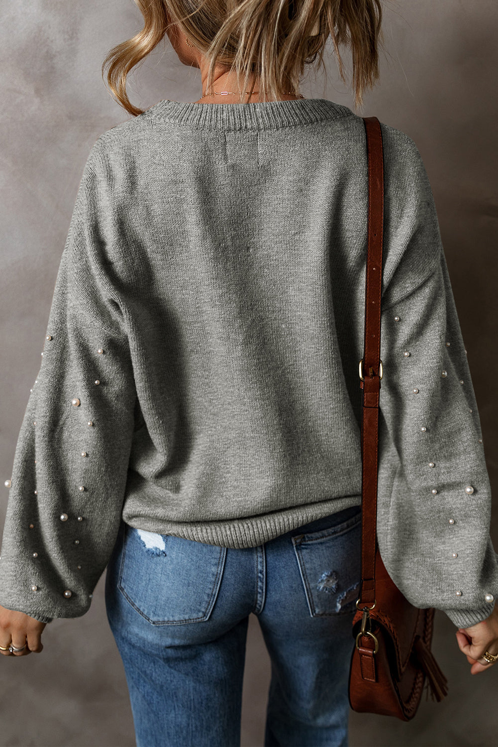 Smoke Gray Pearled Drop Shoulder Round Neck Sweater Sweaters & Cardigans/Sweaters