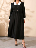 Plus Size Contrast Collared Neck Long Sleeve Midi Dress 