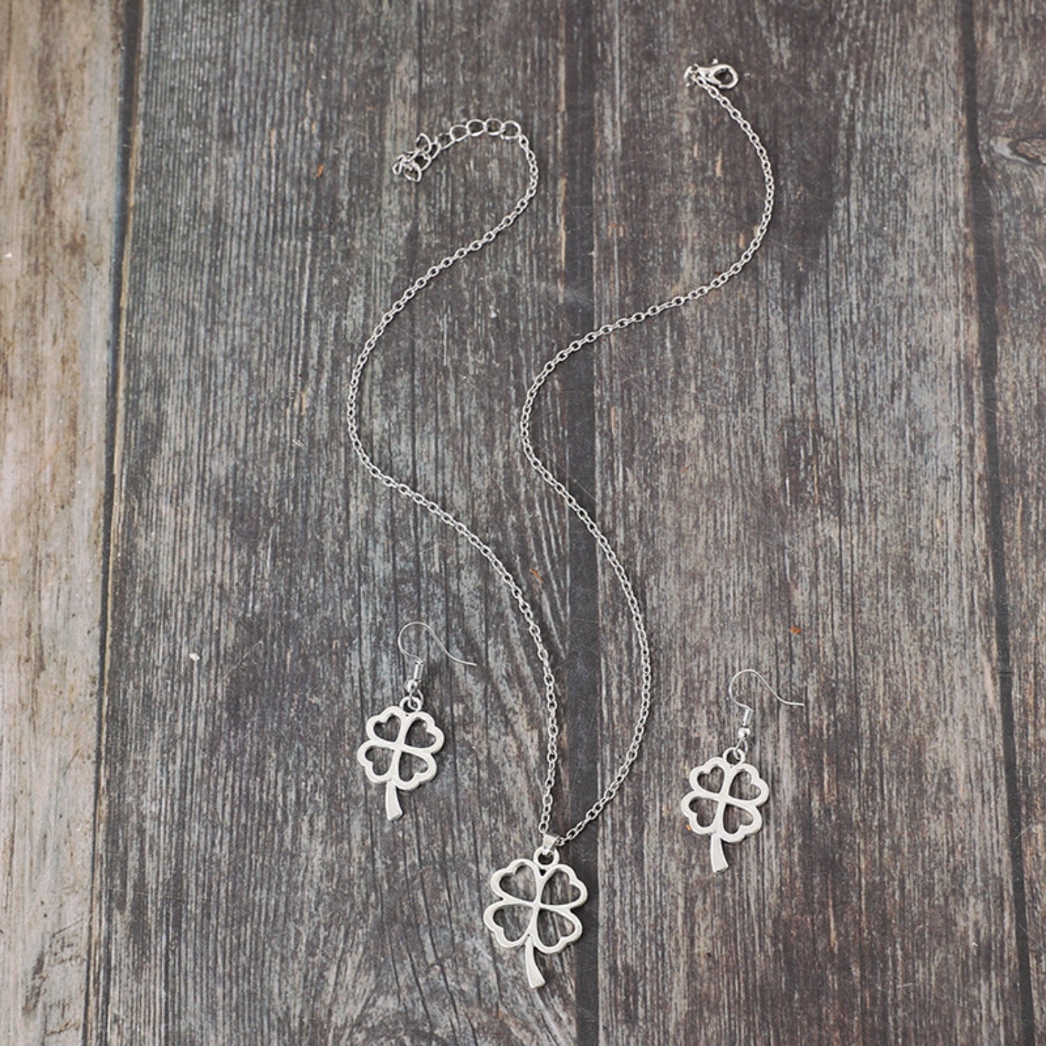 Lucky Clover Alloy Earrings and Necklace Jewelry Set 