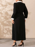 Plus Size Contrast Collared Neck Long Sleeve Midi Dress 