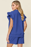 Double Take Full Size Texture Flounce Sleeve Top and Drawstring Shorts Set 
