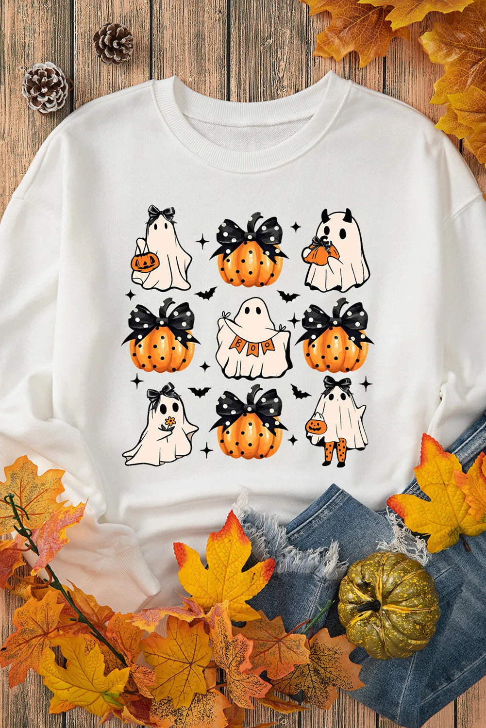 Pumpkin & Ghost Round Neck Long Sleeve Sweatshirt 