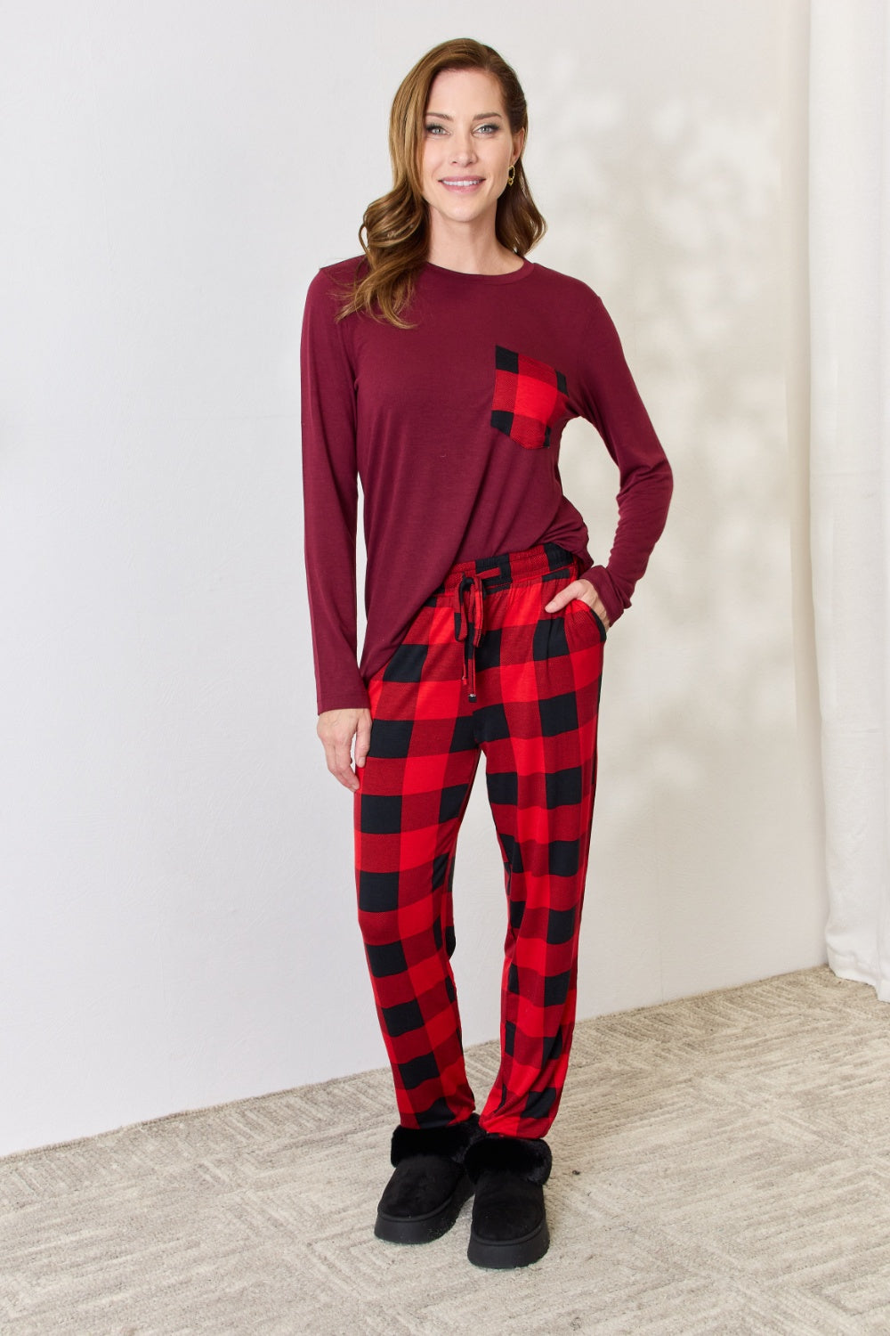 Zenana Full Size Plaid Round Neck Top and Pants Pajama Set 