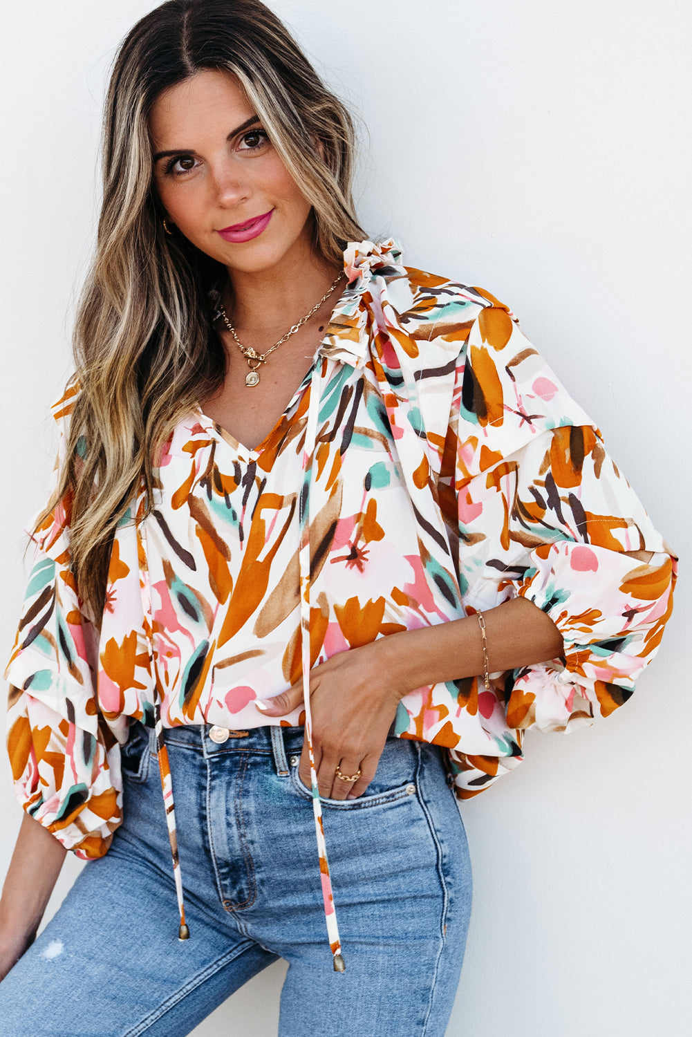 Yellow Abstract Print Drawstring Frilled V Neck 3/4 Sleeve Blouse Tops/Blouses & Shirts