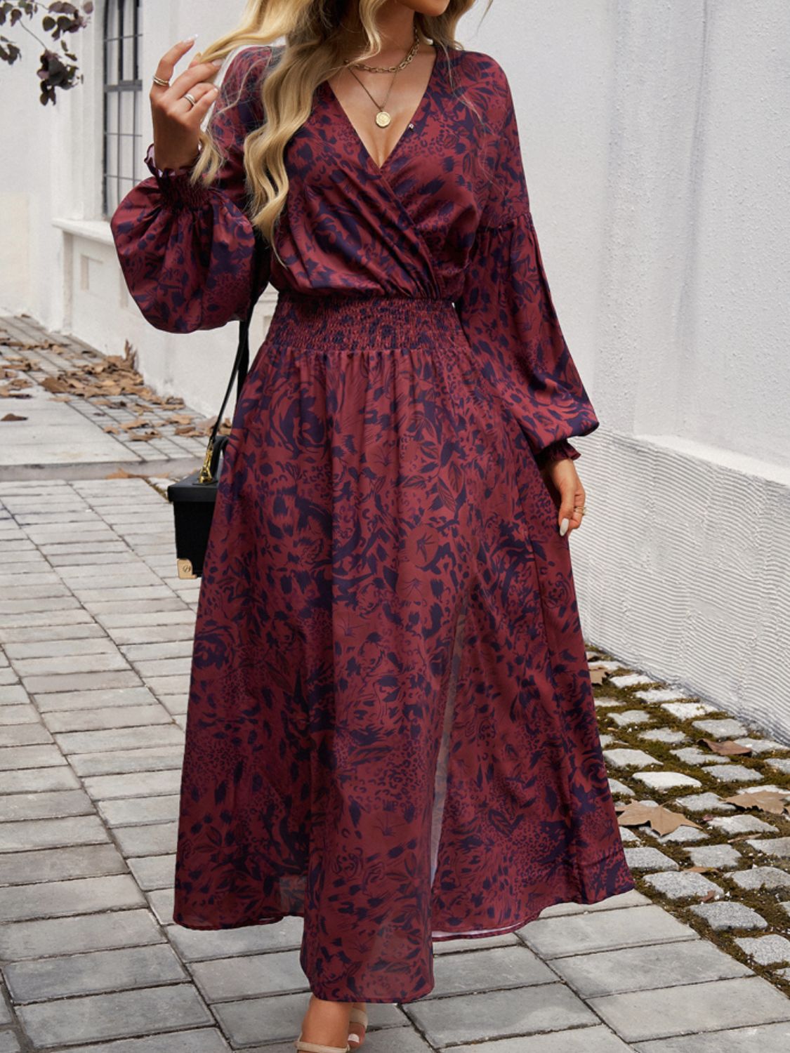 Devine Split Printed Surplice Long Sleeve Midi Dress 