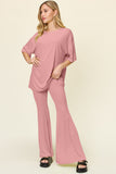 Double Take Full Size Round Neck Drop Shoulder T-Shirt and Flare Pants Set 