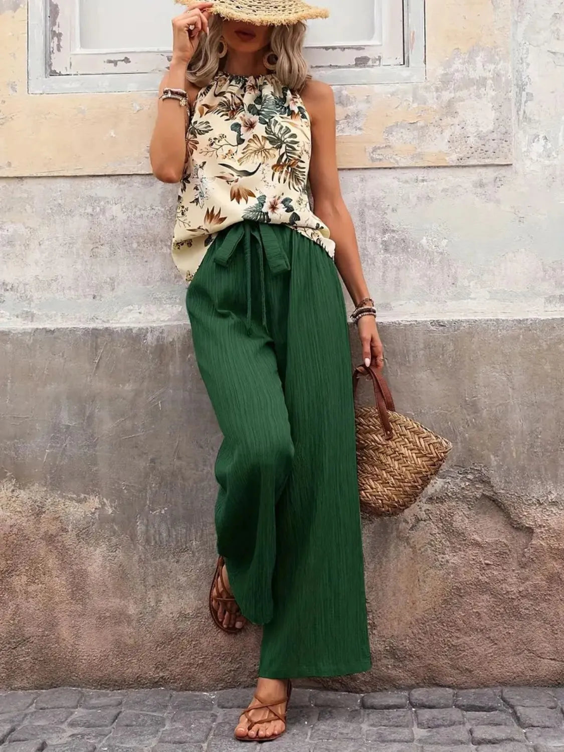 Printed Tank Top and Wide Leg Pants Set Two Piece Dresses