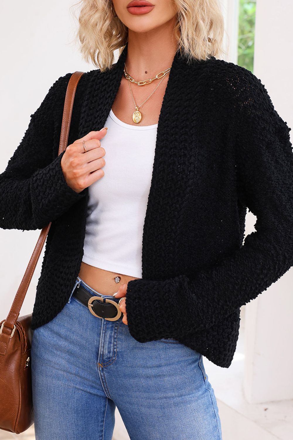 Solid Color Open Front Cardigan 