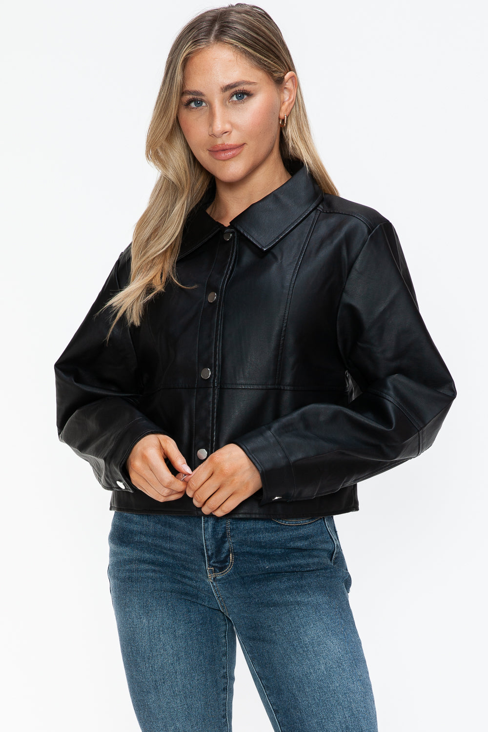 Snobbish Snap Down Long Sleeve PU Leather Jacket 