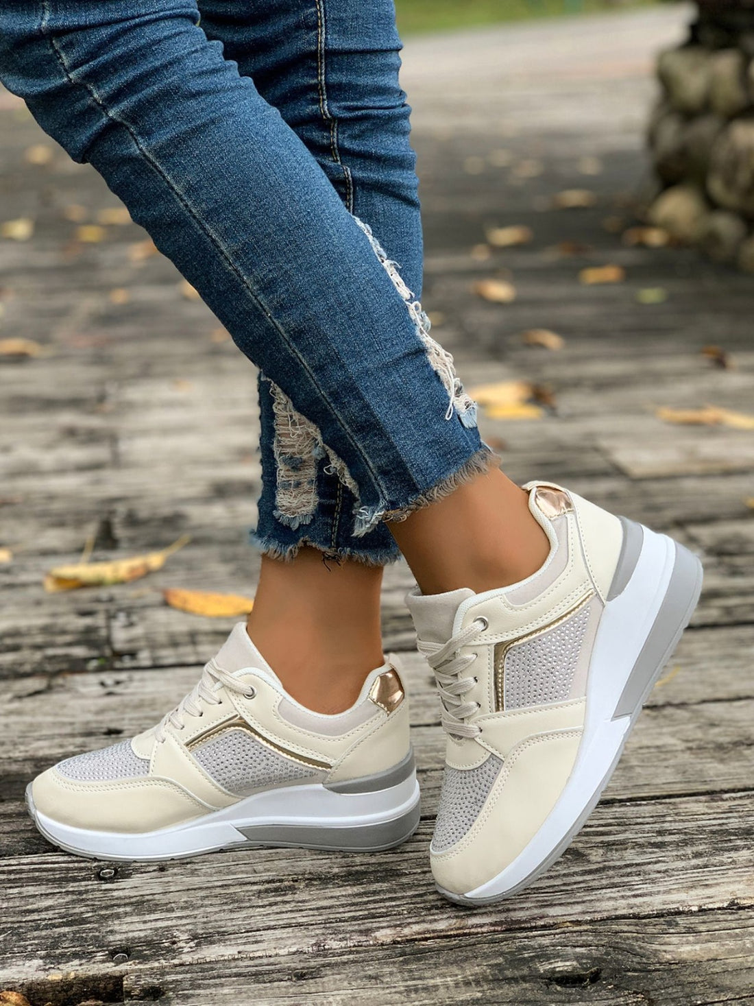 Lace-Up Rhinestone Wedge Sneakers 