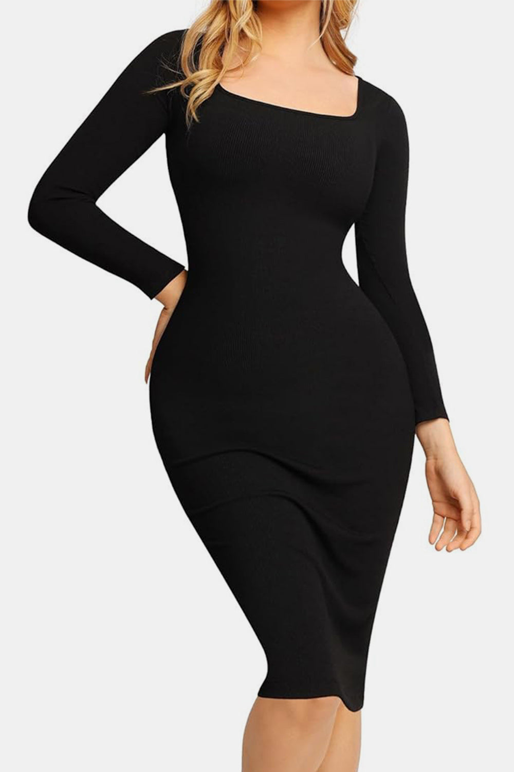 Basic Bae Full Size Built-In Shapewear Square Neck Long Sleeve Dress 