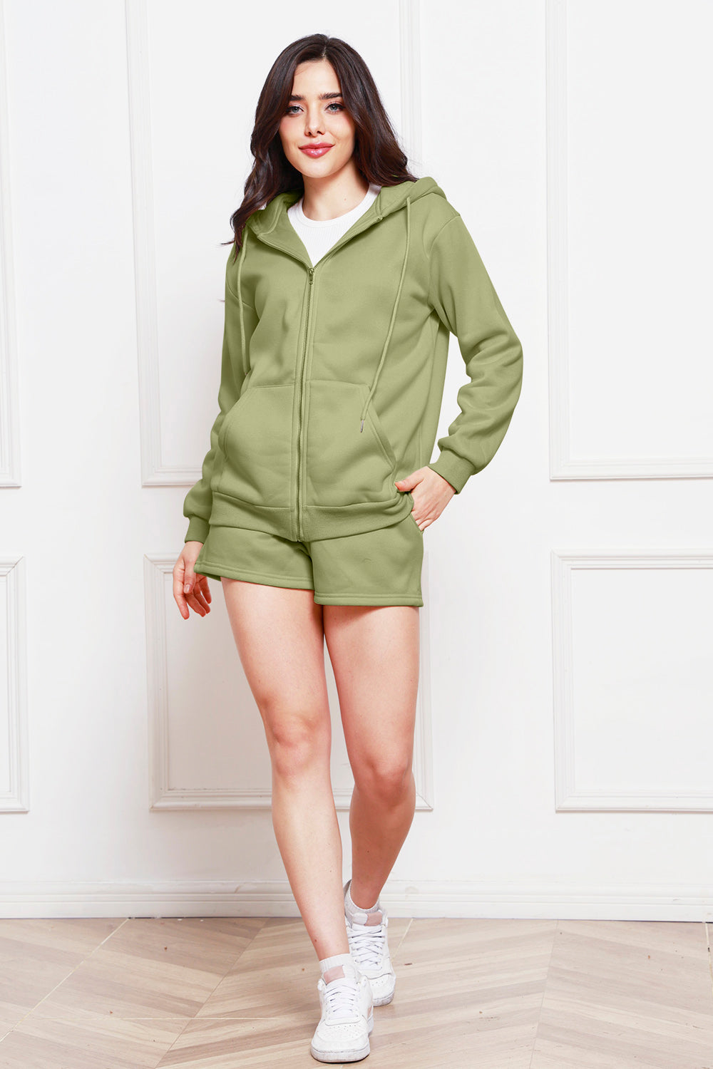 Zip Up Drawstring Hoodie and Shorts Set 