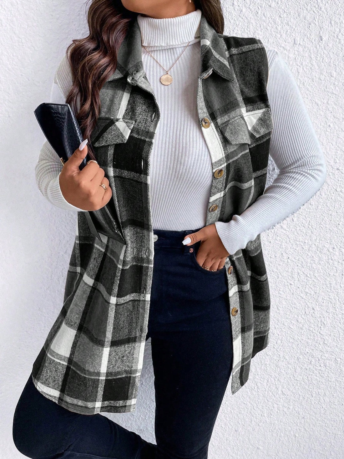 Honey Plus Size Pocketed Plaid Button Up Vest Coat 