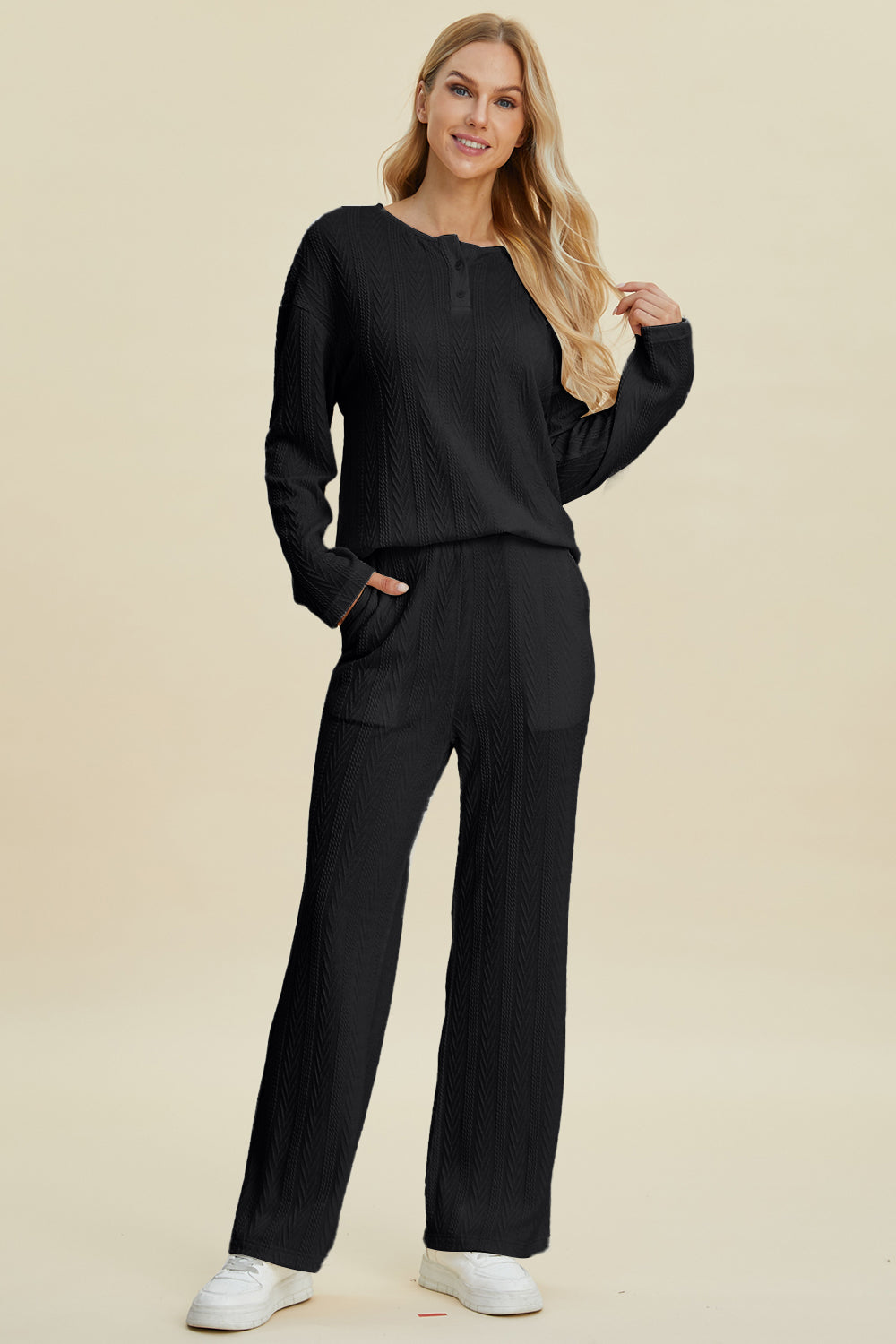 Double Take Full Size Cable-Knit Long Sleeve Top and Pants Set 