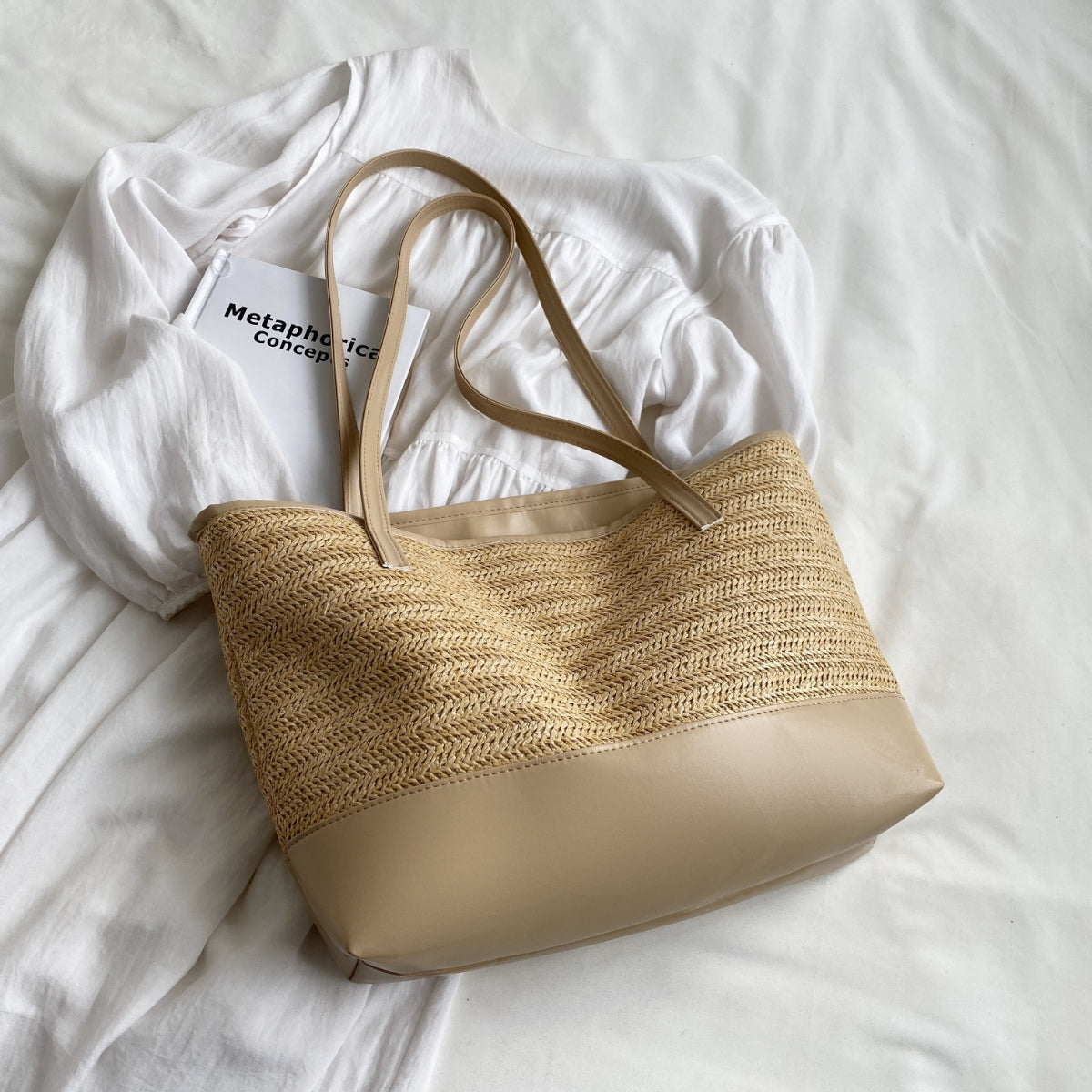Straw Weave Leather Strap Tote Bag 