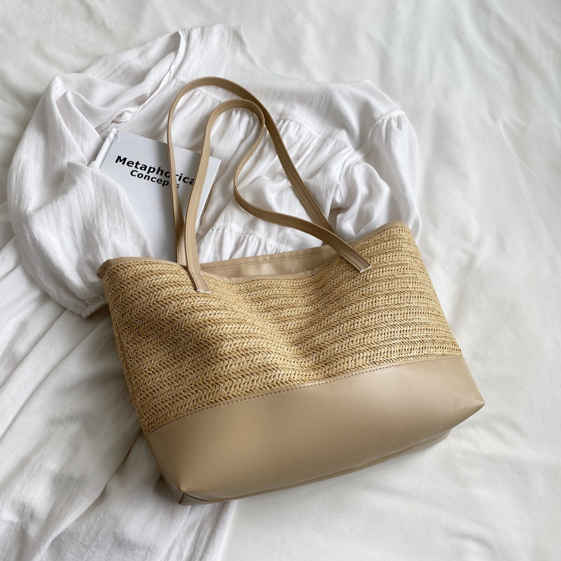 Straw Weave Leather Strap Tote Bag 