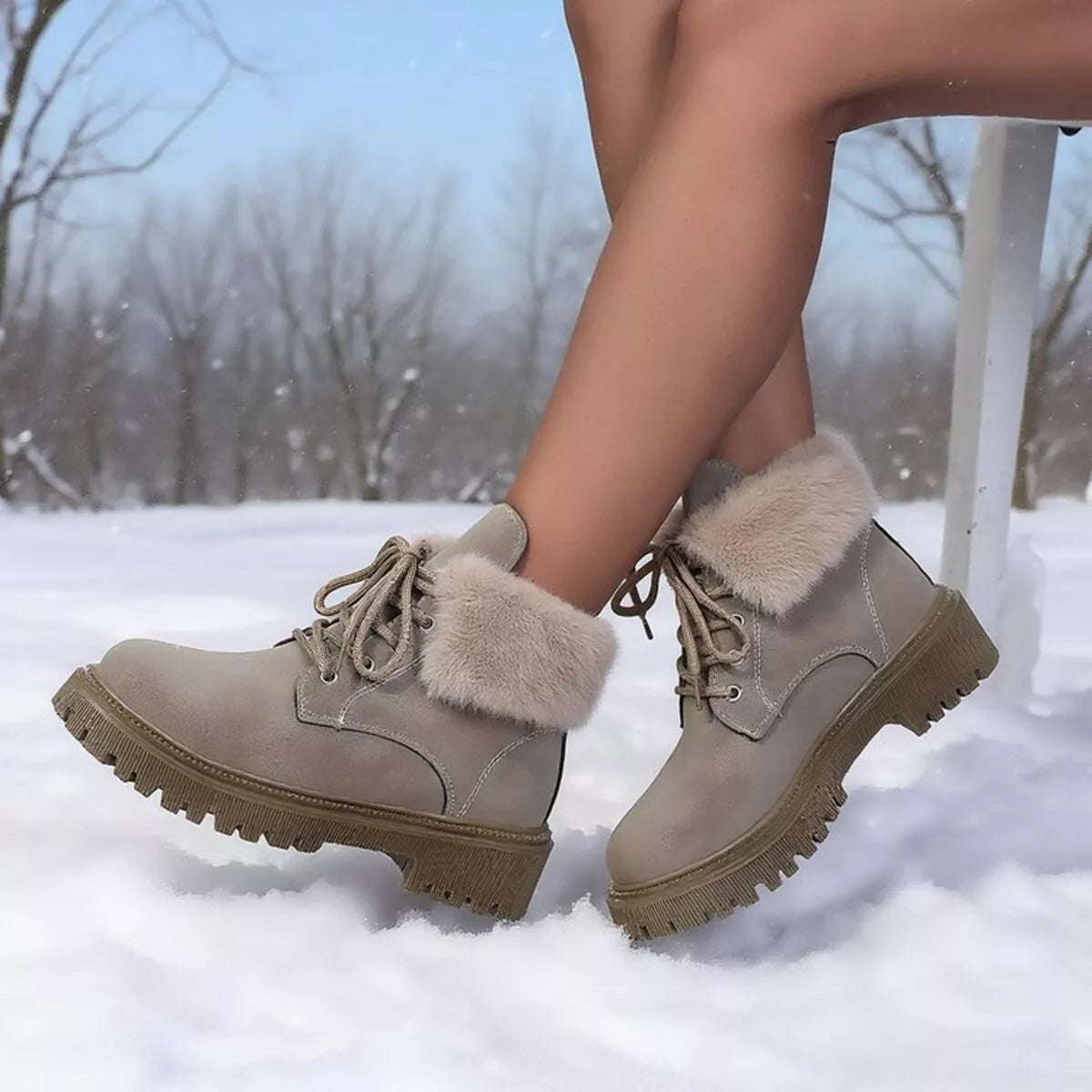 Lace Up Round Toe Block Heels Boots 