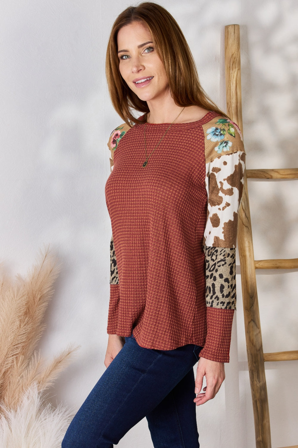 Hailey & Co Full Size Leopard Waffle-Knit Blouse 