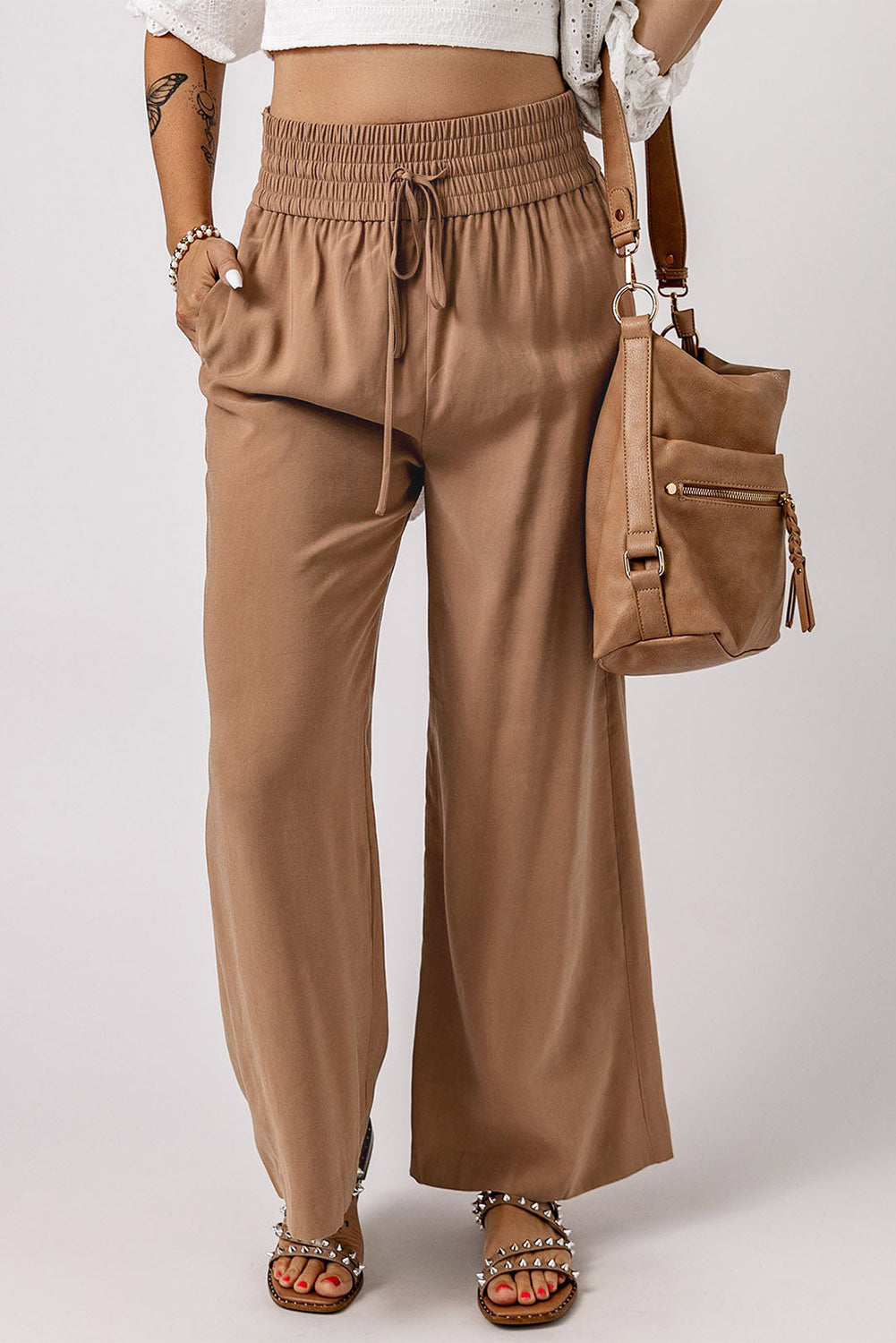 Brown Drawstring Elastic Waist Casual Wide Leg Pants Bottoms/Pants & Culotte