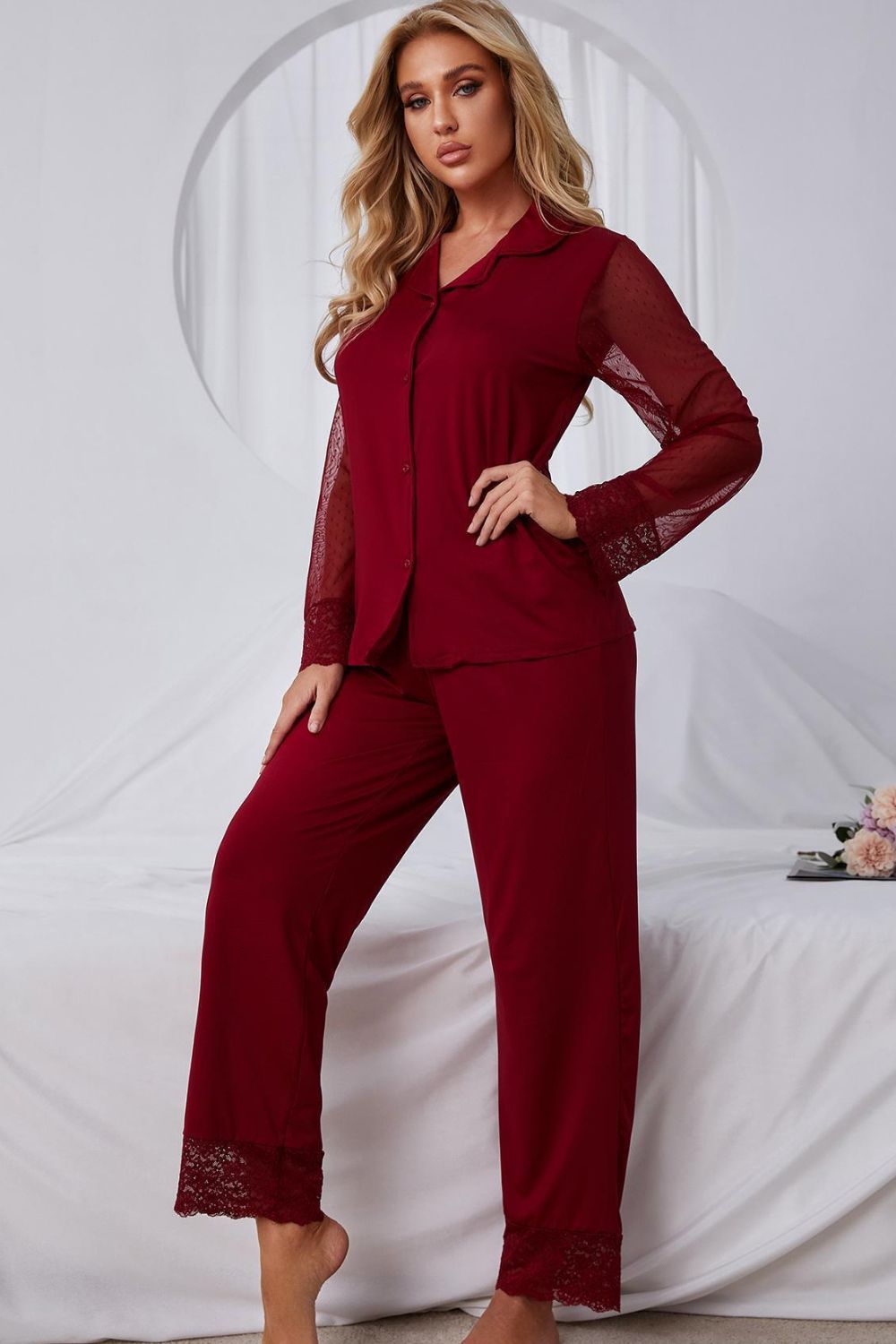Spliced Lace Lapel Collar Pajama Set Lingerie & Nightwear